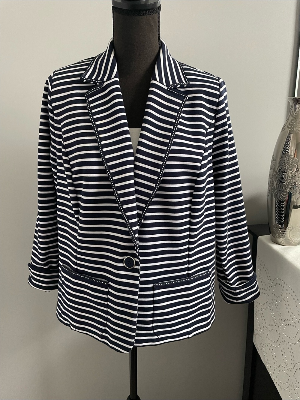 Navy and White Striped Knit Blazer